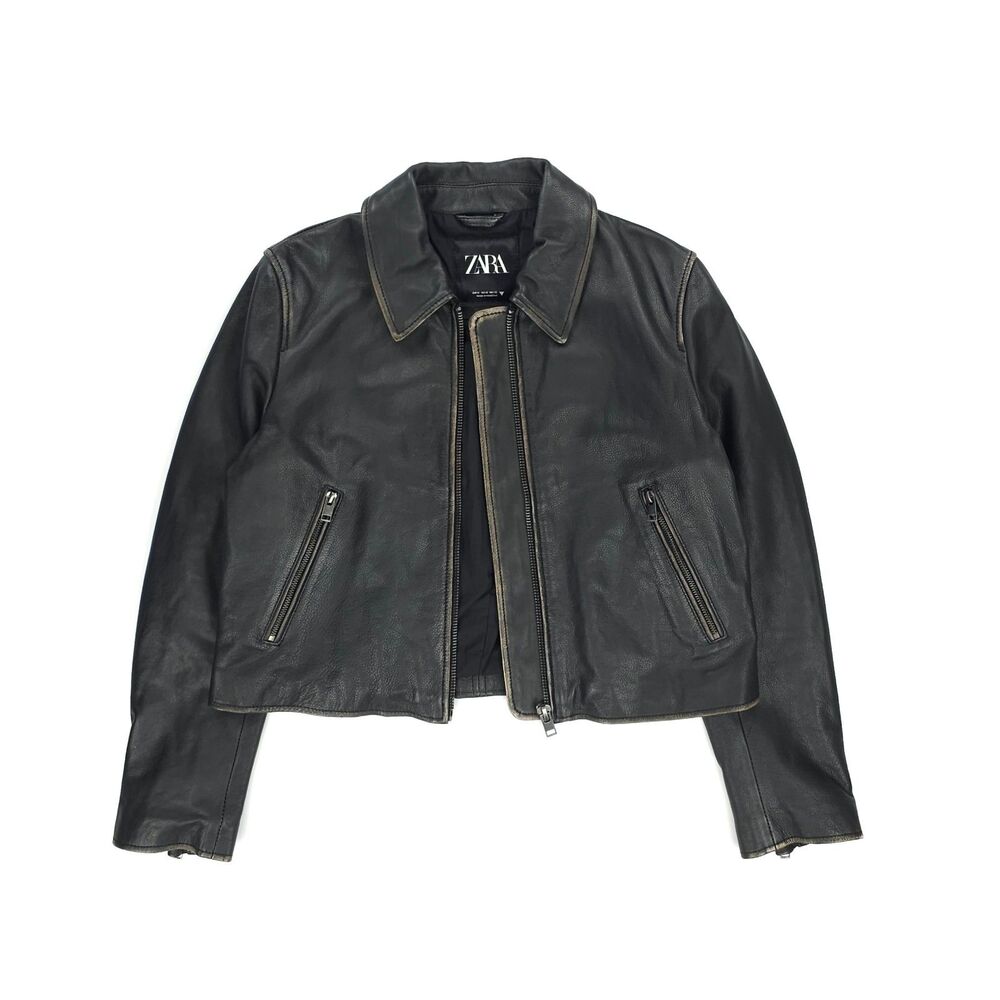 NEW Zara Genuine Leather Jacket Distressed Crop 90s Y2k Downtown Girl Clean Girl